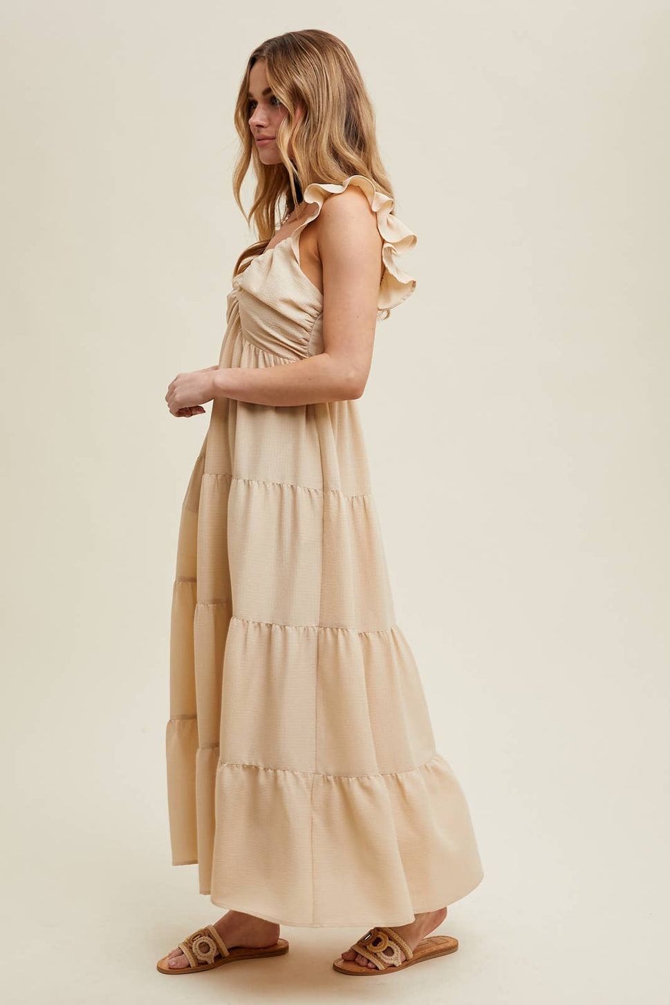 TEXTURED TIERED MIDI DRESS