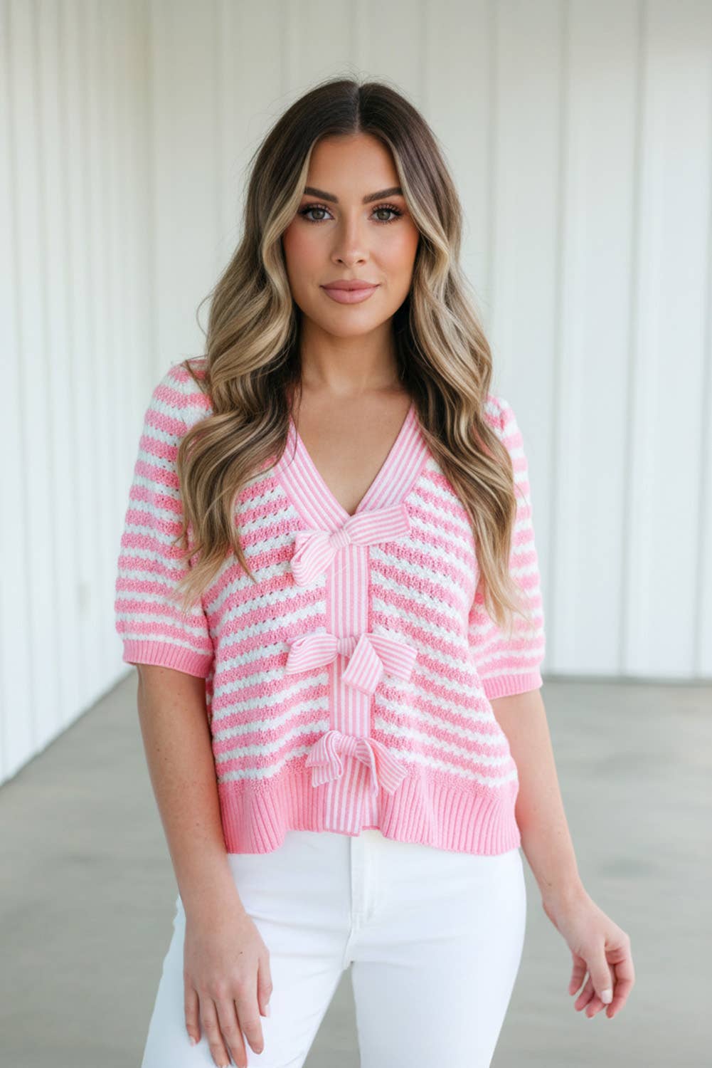 Stripe Knit Contrast Trim Bow V Neck Knot Sweater
