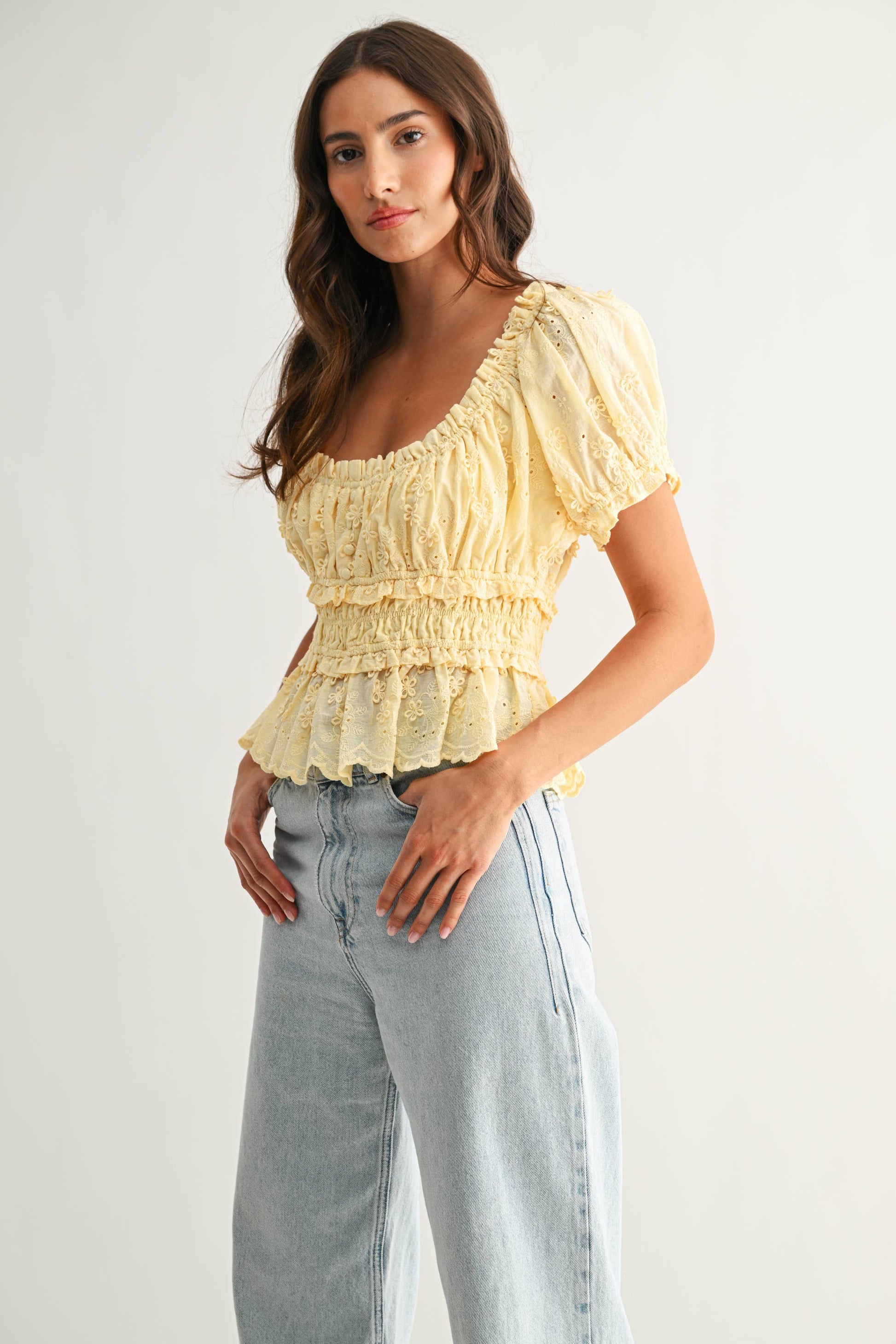 Embroidered Peplum Blouse LT Blue