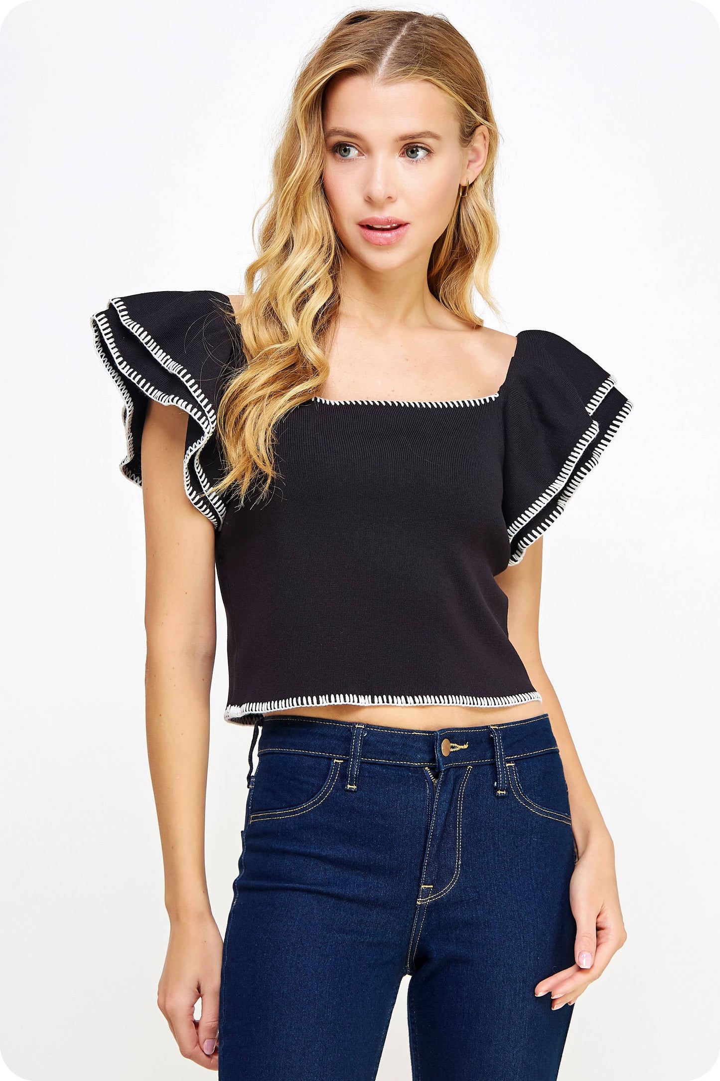 Embroidered Double Ruffled Short Sleeve Knit Top