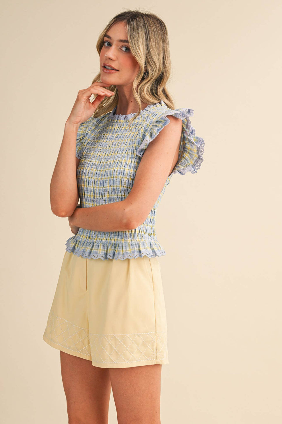 *Pink Plaid Smocked Lace Trim Top