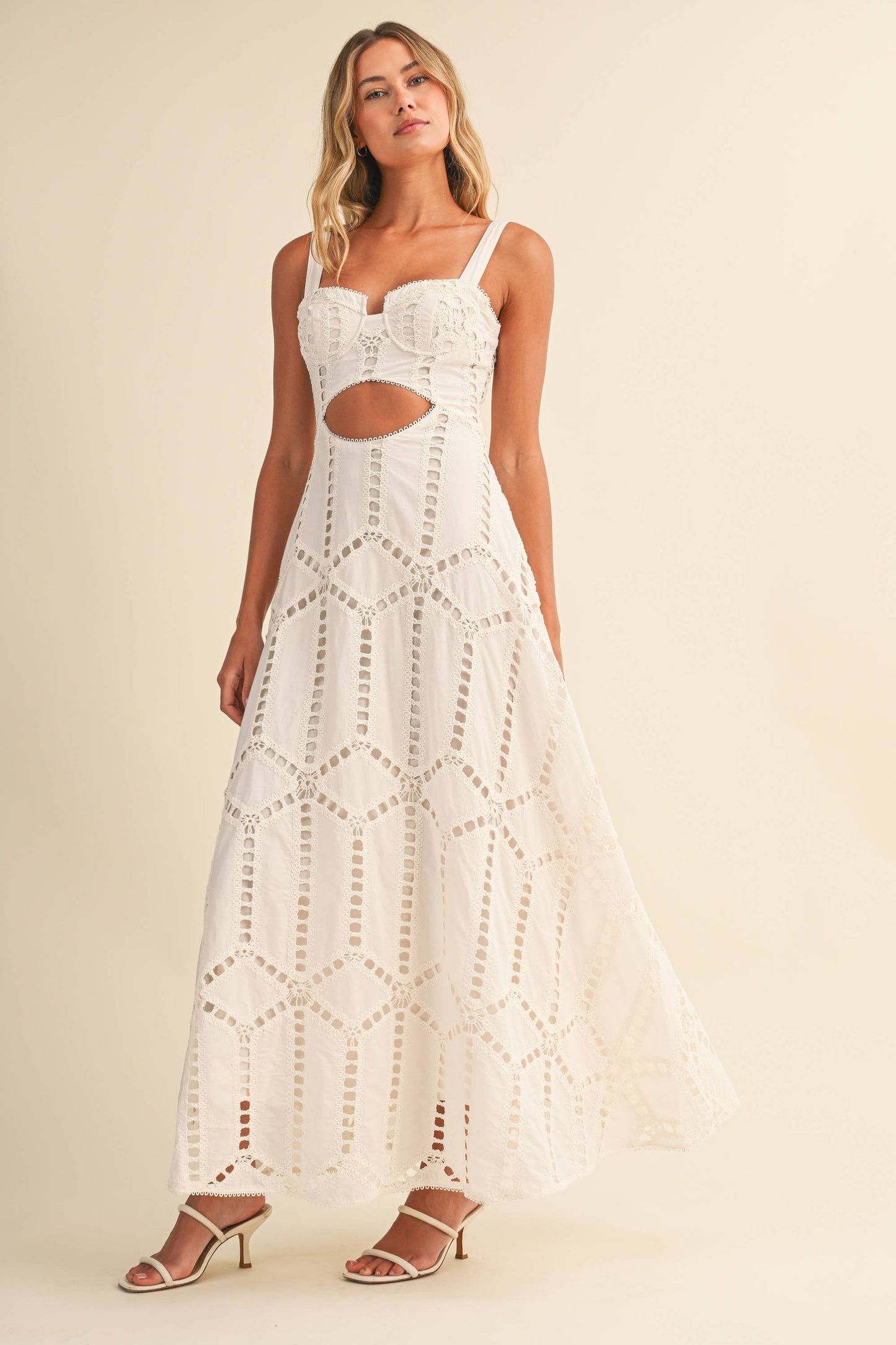 ID10399 EMBROIDERED CUTWORK BUSTIER FLARE LONG DRESS