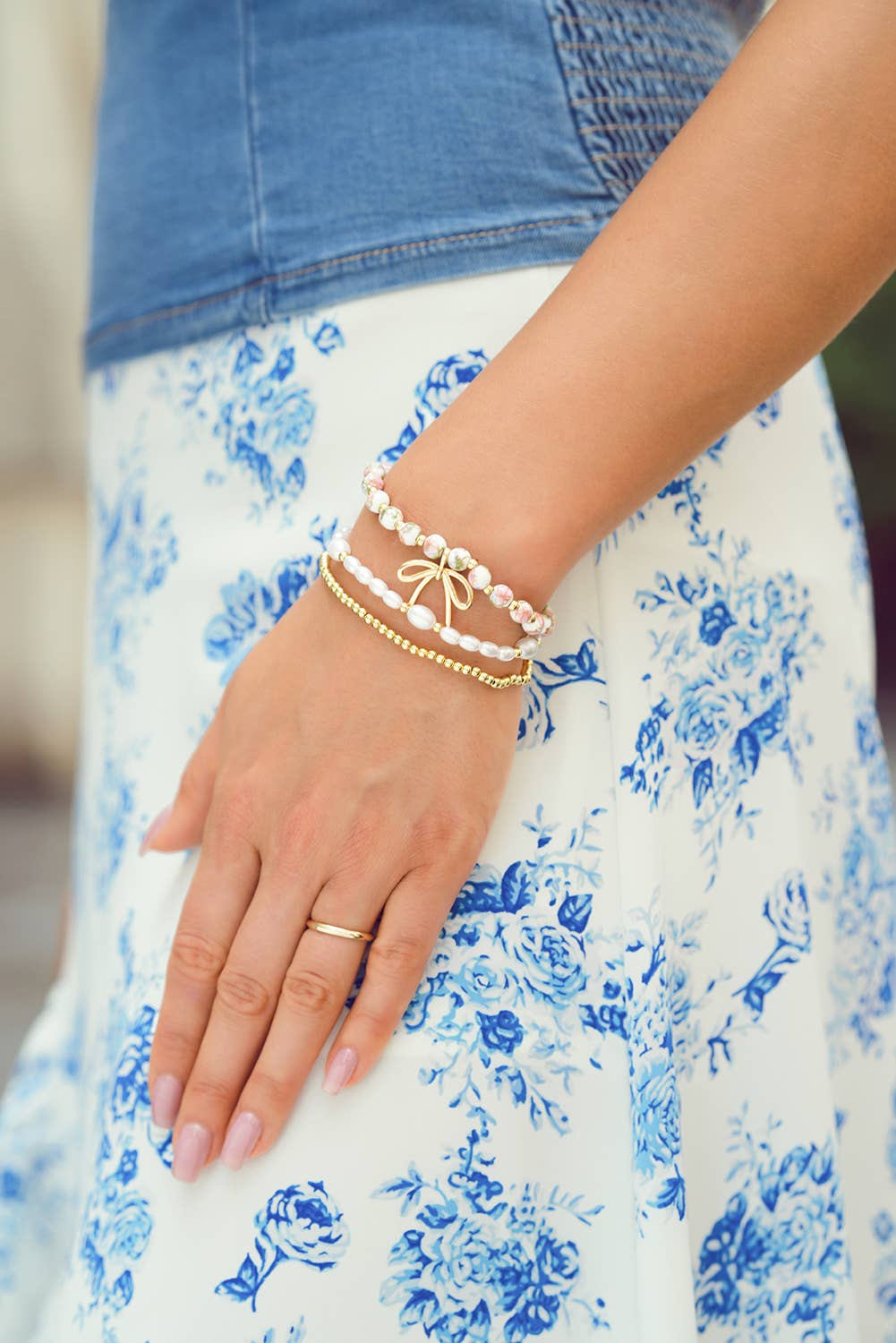 Bow Knot Charm Beaded Triple Layer Bracelet Set: Gold