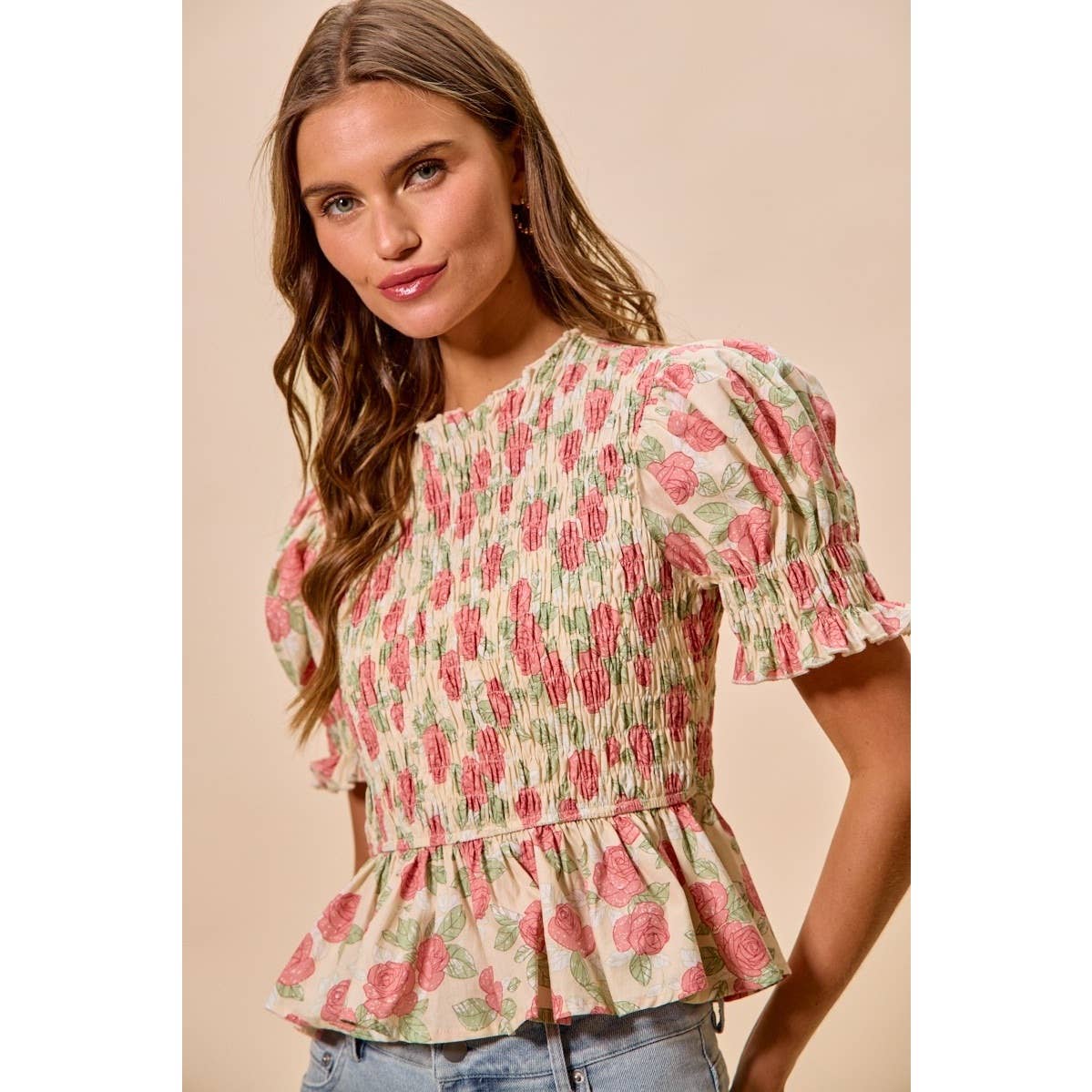 Floral Rose Print Smocked Short Sleeves Blouse Top: ROSE PINK
