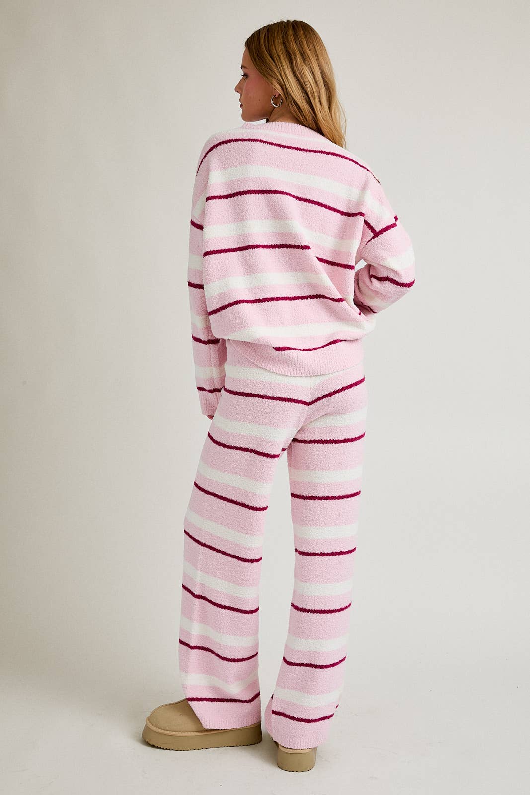 LONG SLEEVE STRIPE SWEATER TOP WITH WIDE LEG SWEATER PANTS