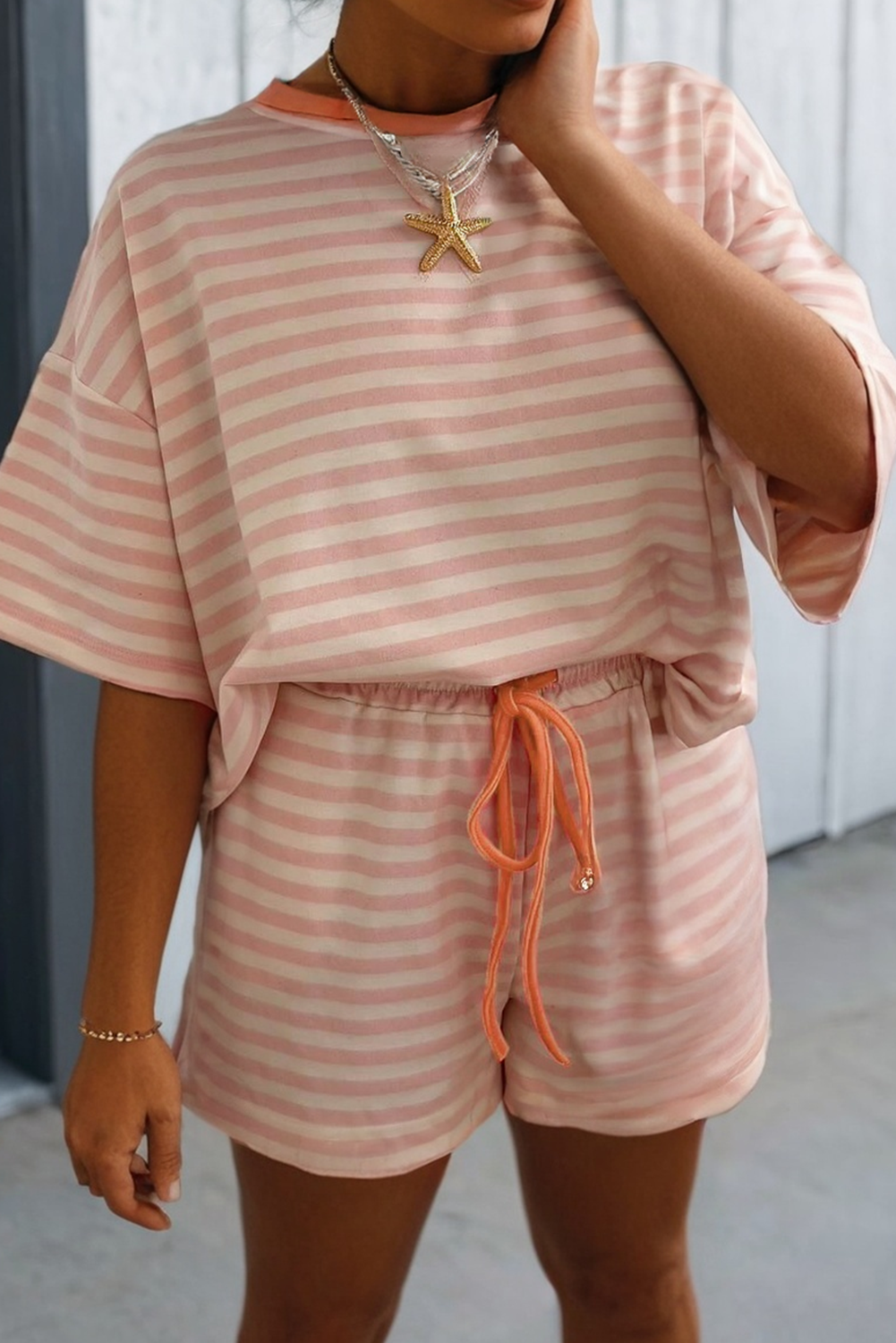 Peach Stripe Shorts Set