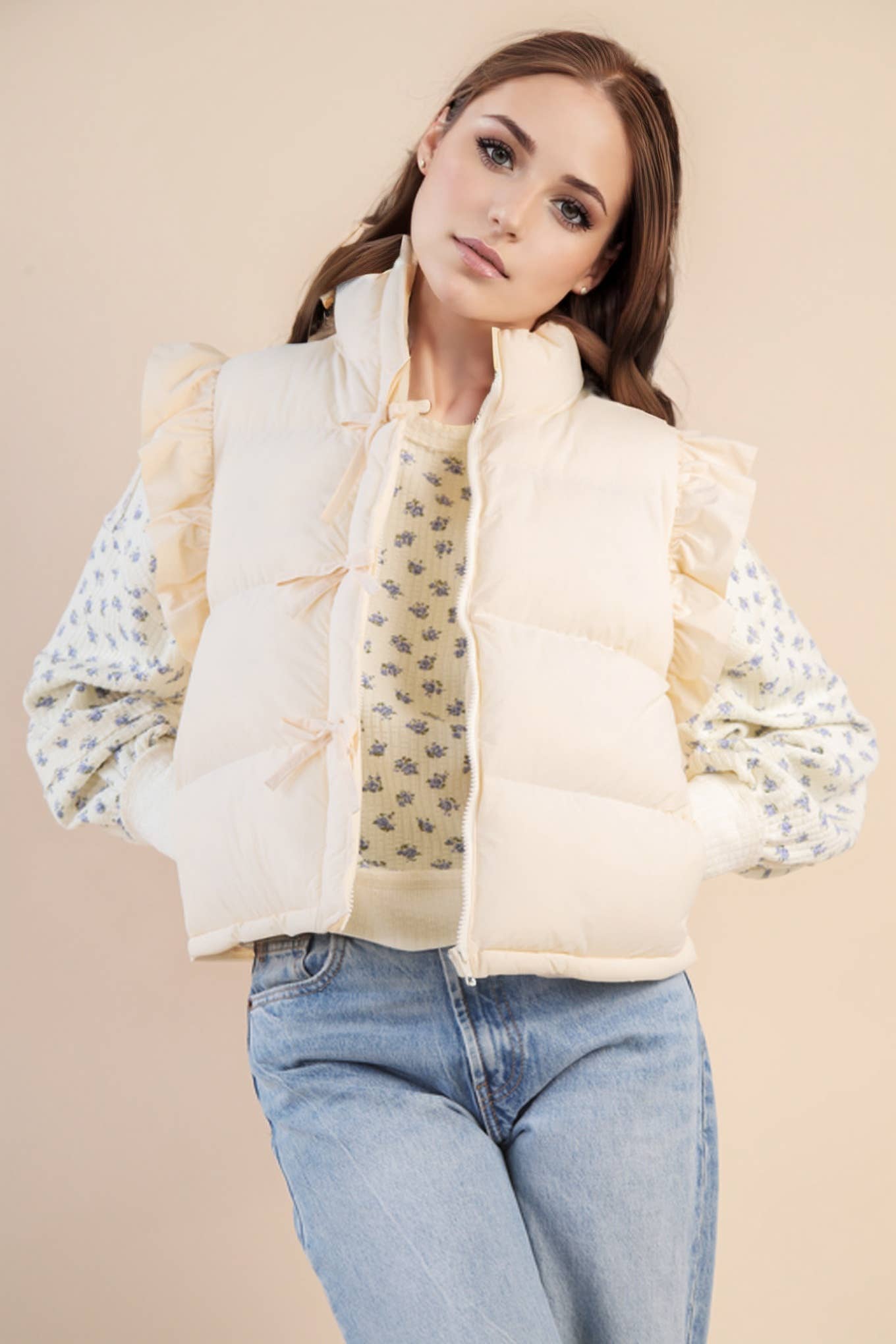 FRONT ROW RUFFLE SLEEVE PUFFER VEST