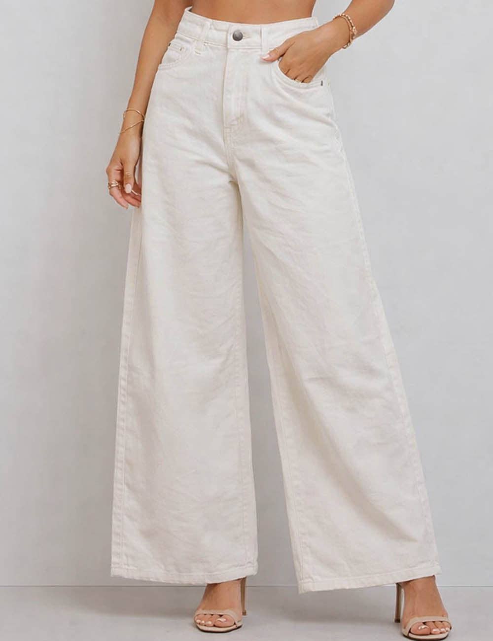 Ladies Floral Jacquard Button Pocket Wide Leg Denim Pants