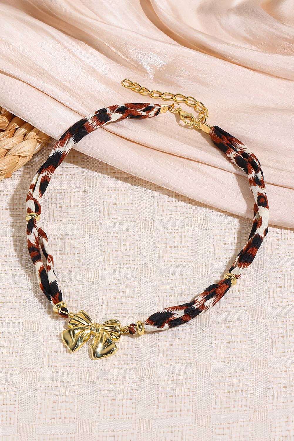 Plated Bow Charm Leopard Ribbon Necklace: Gold / ONE SIZE