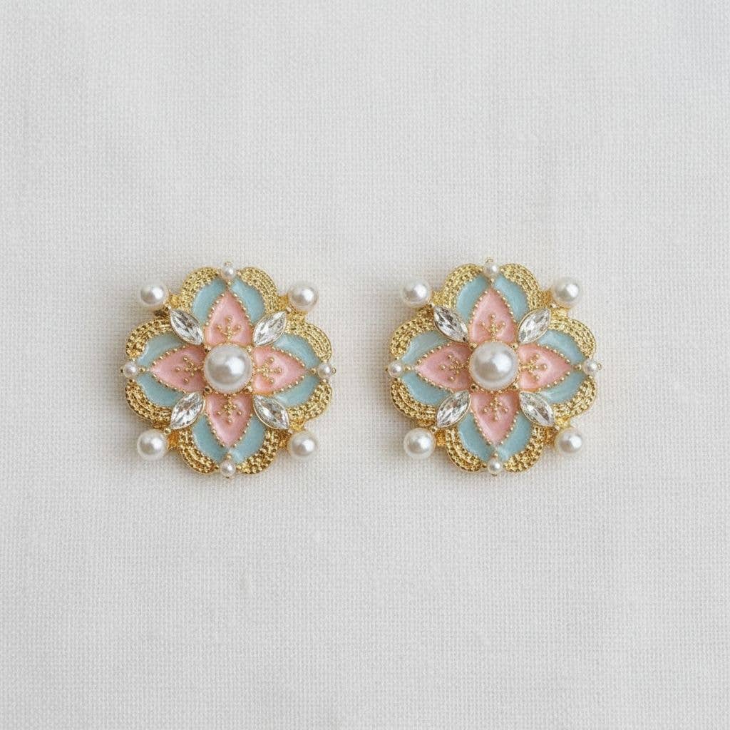 Vintage Palace Style Enamel Pearl Stud Earrings
