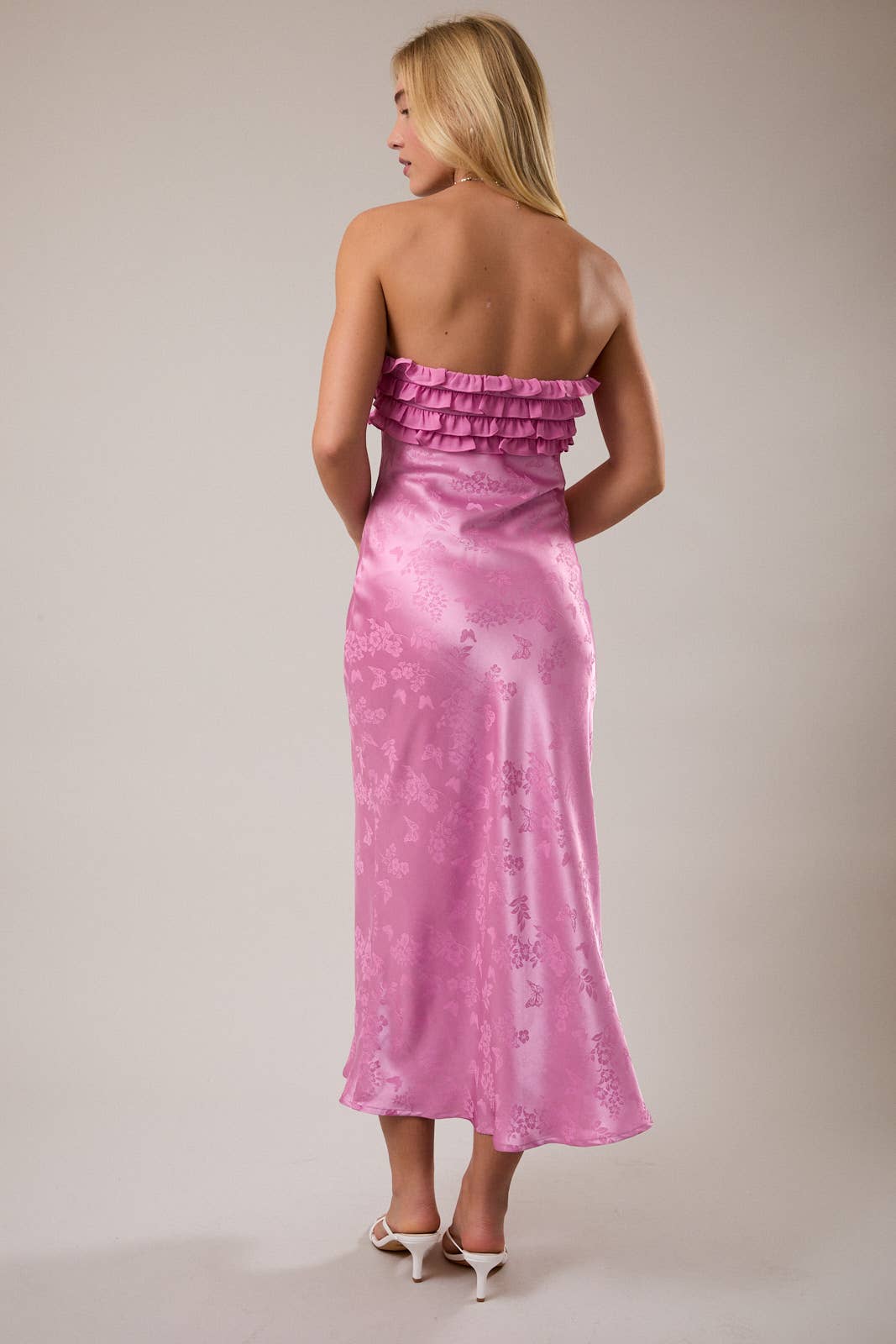 *Strapless Ruffle Detail Bias Midi Dress