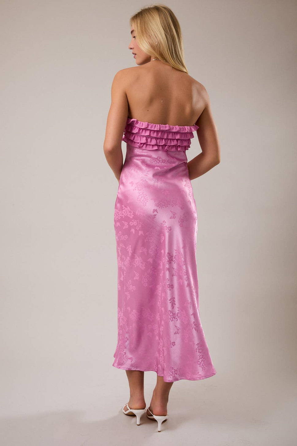 *Strapless Ruffle Detail Bias Midi Dress