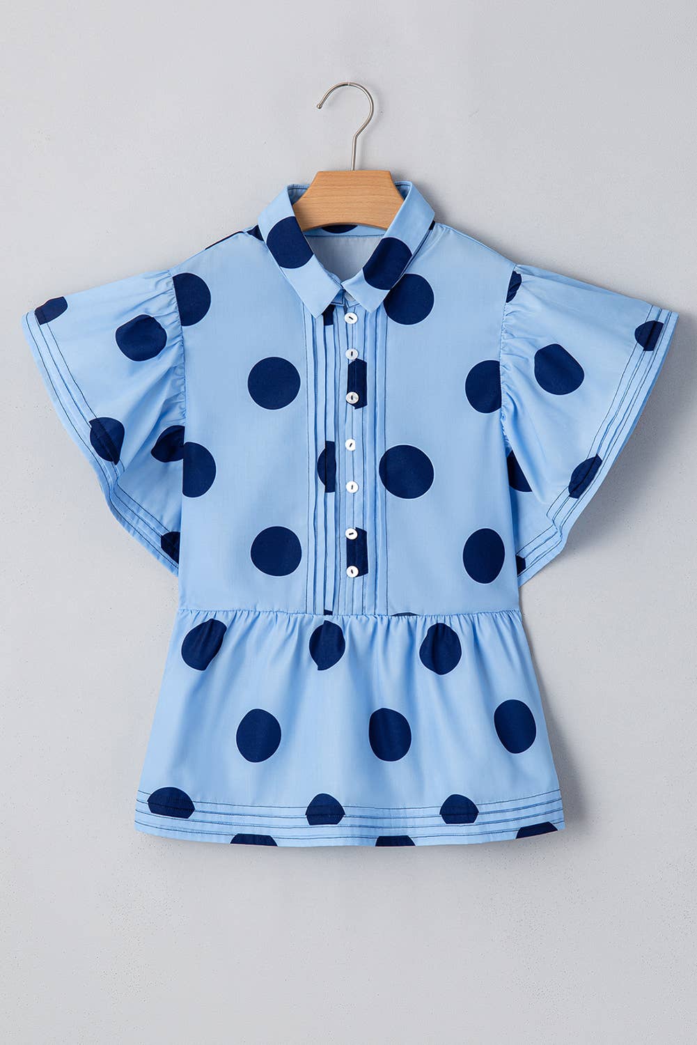 Polka Dot Print Ruffled Buttoned Collared Blouse