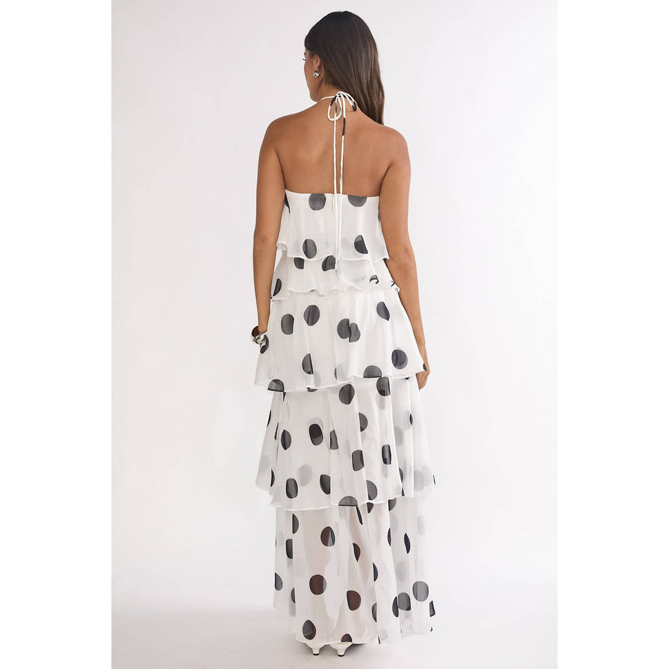 HALTER POLKA DOT TIERED MAXI DRESS: WHITE