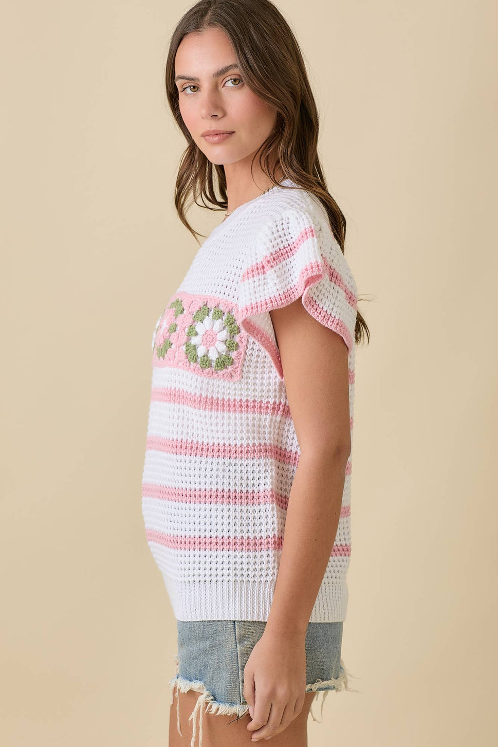 Crochet Flower Stripe Short Sleeve Knit Top Ready to Ship