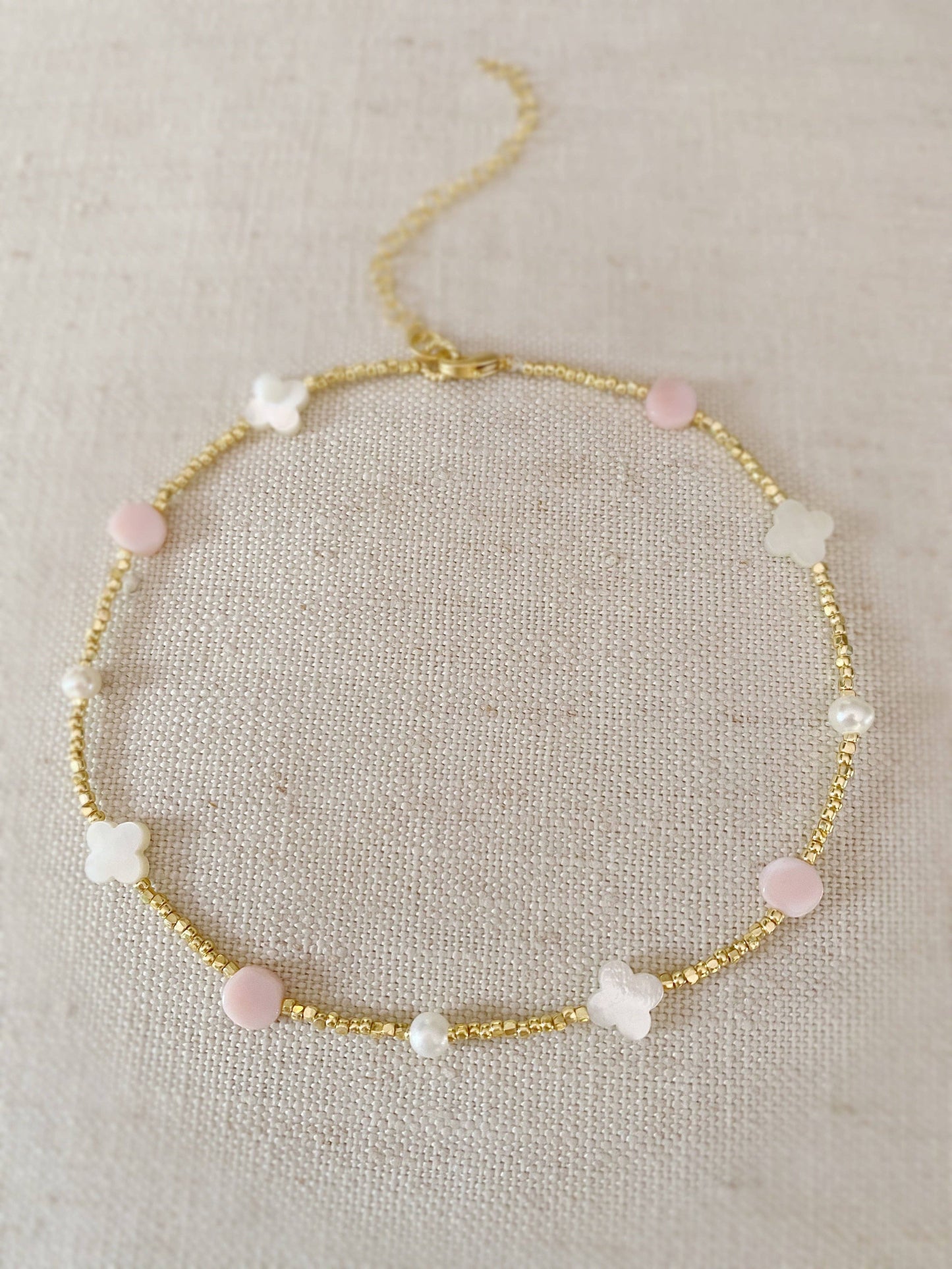 Clover, Pearl, and Pink Dot choker