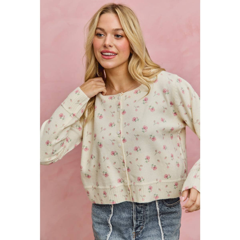 FLORAL PRINT BUTTON DOWN CARDIGAN SWEATER TOP