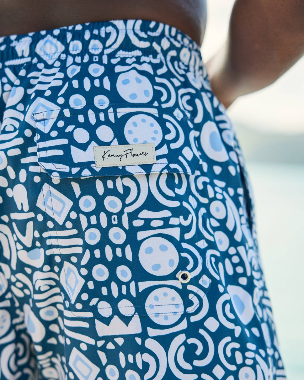 Mens Blue and White Funky Design Swim Trunks