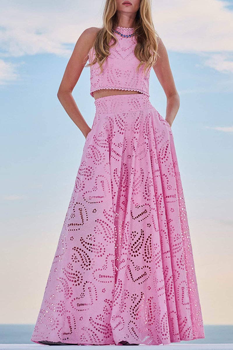 Eyelet Halter Skirt Set