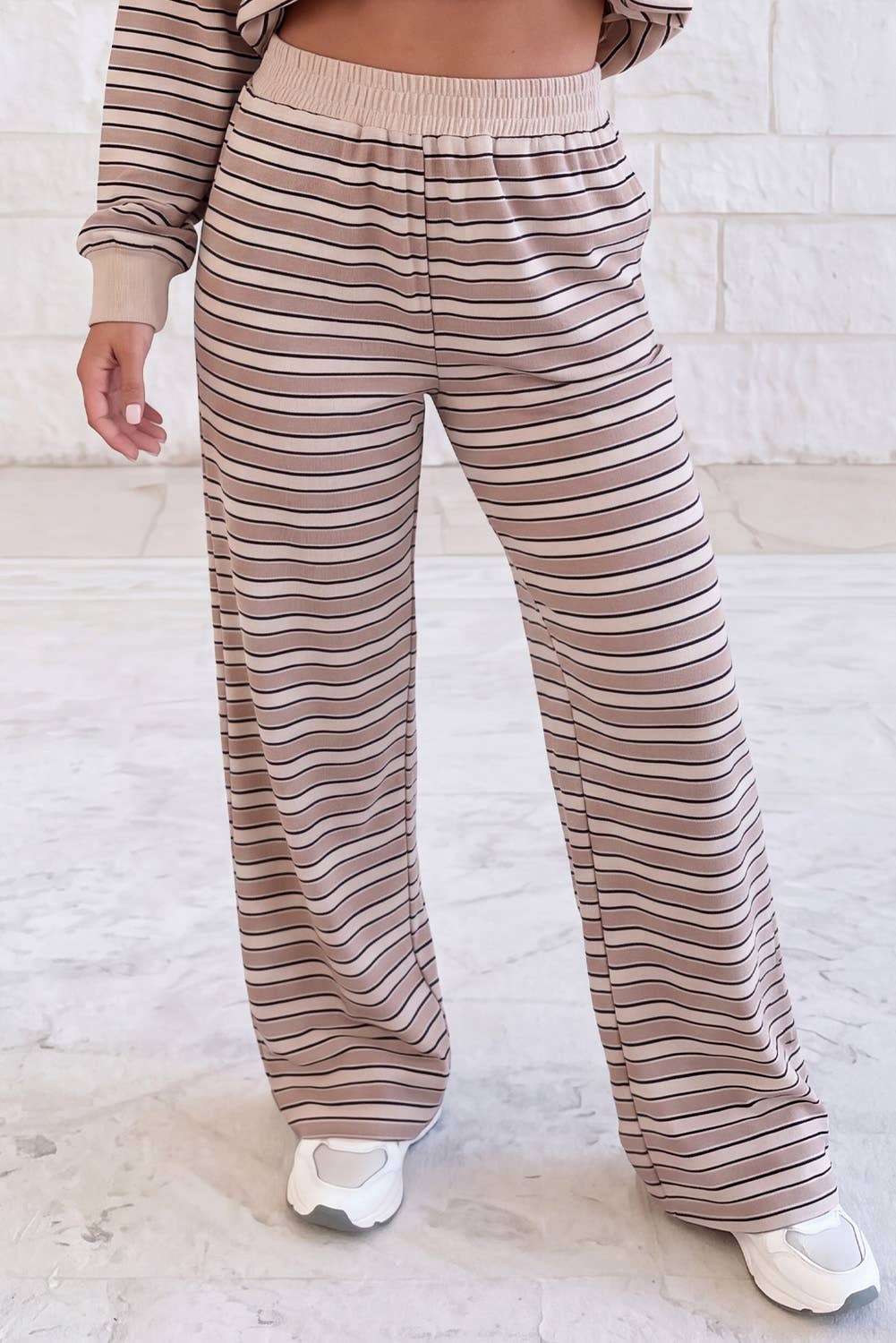 Contrast Trim Long Sleeve Top Elastic Waist Pants Set
