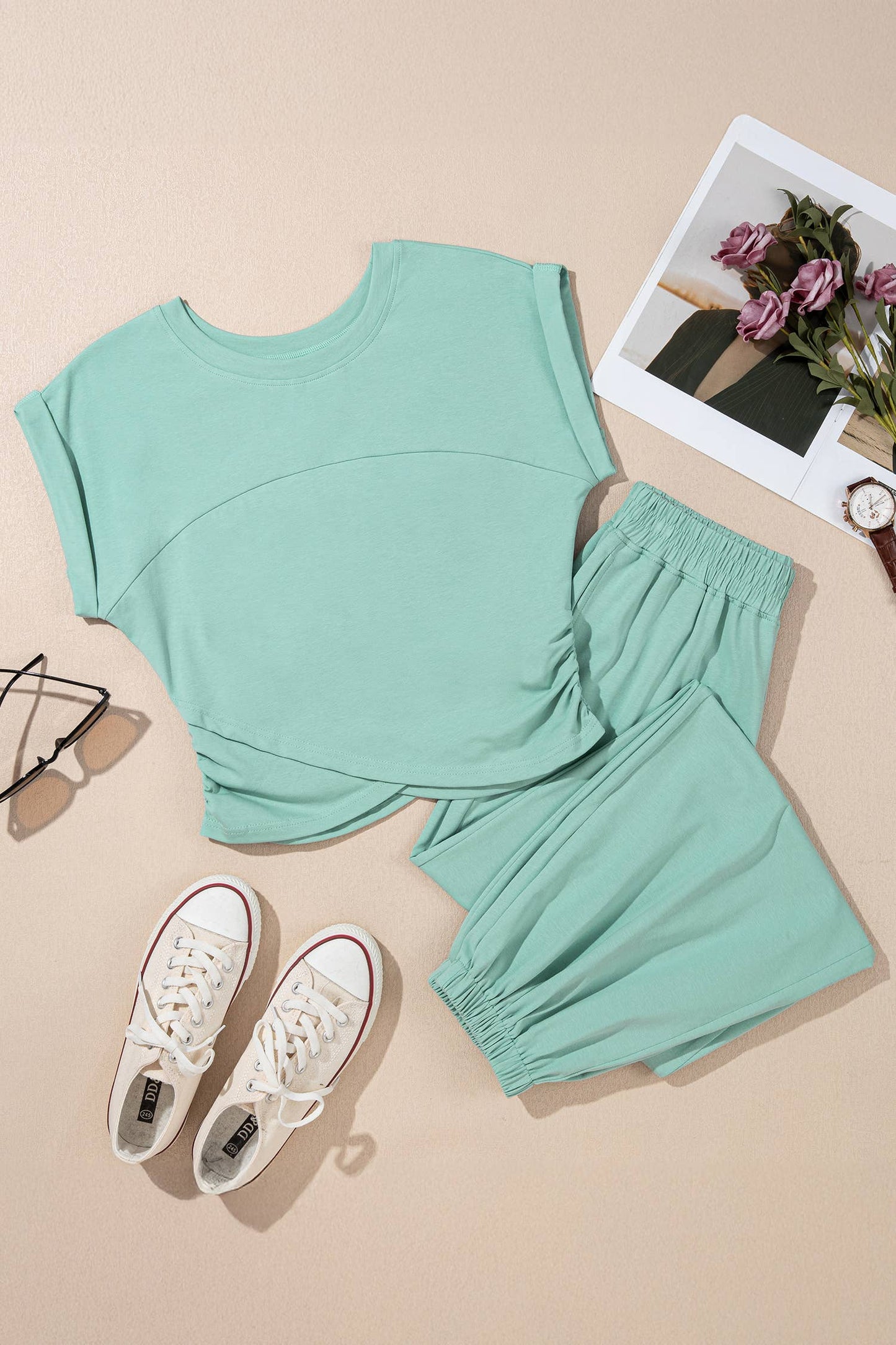 LAS Solid Color Cropped Tank Top and Jogger Pants Set