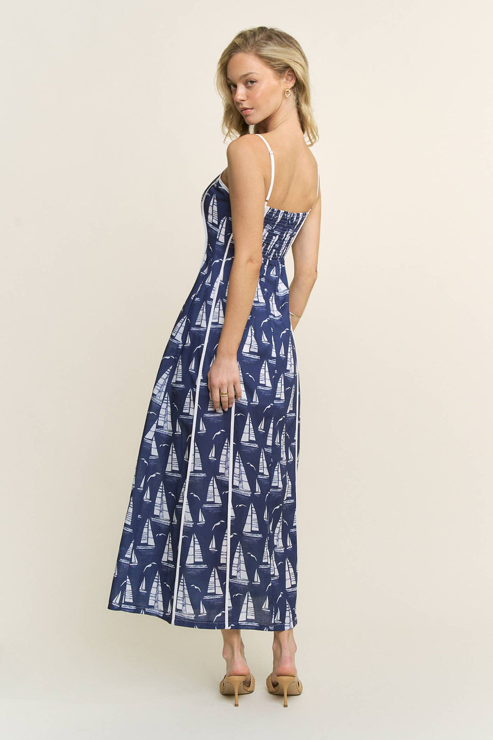 PRINTED PIPING DETAIL MAXI DRESS