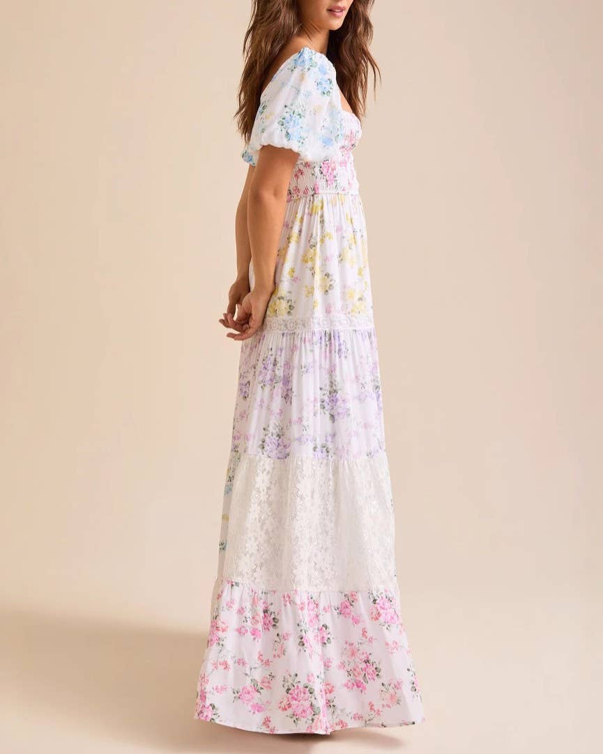 SWEET PUFF SLEVE FLORAL PRINT LACE SPLICING SWING DRESS