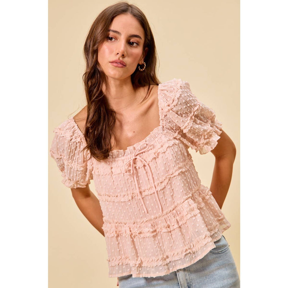 TEXTURED CLIP DOT RUFFLE SHORT SLEEVES BLOUSE TOP