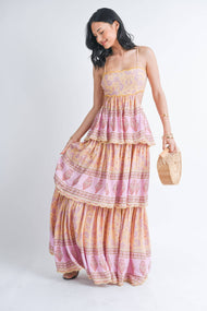 THREE TIER PRINTED MAXI DRESS WITH POM POM TRIM