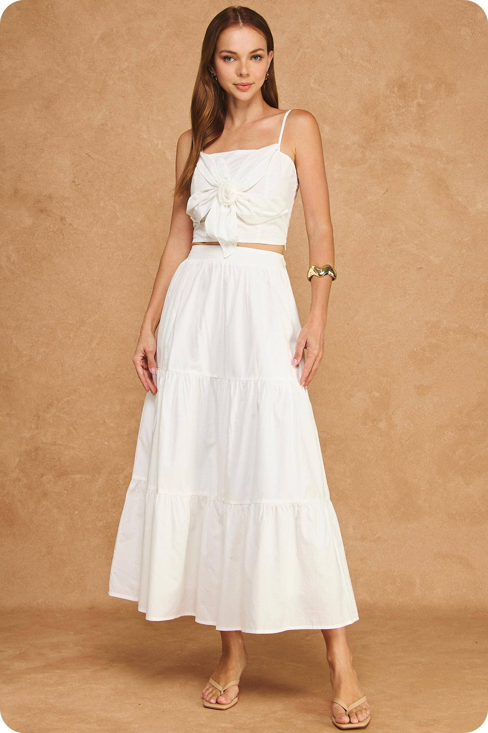 Flower Rosette Detail Crop Top & Tiered Midi Skirt Set