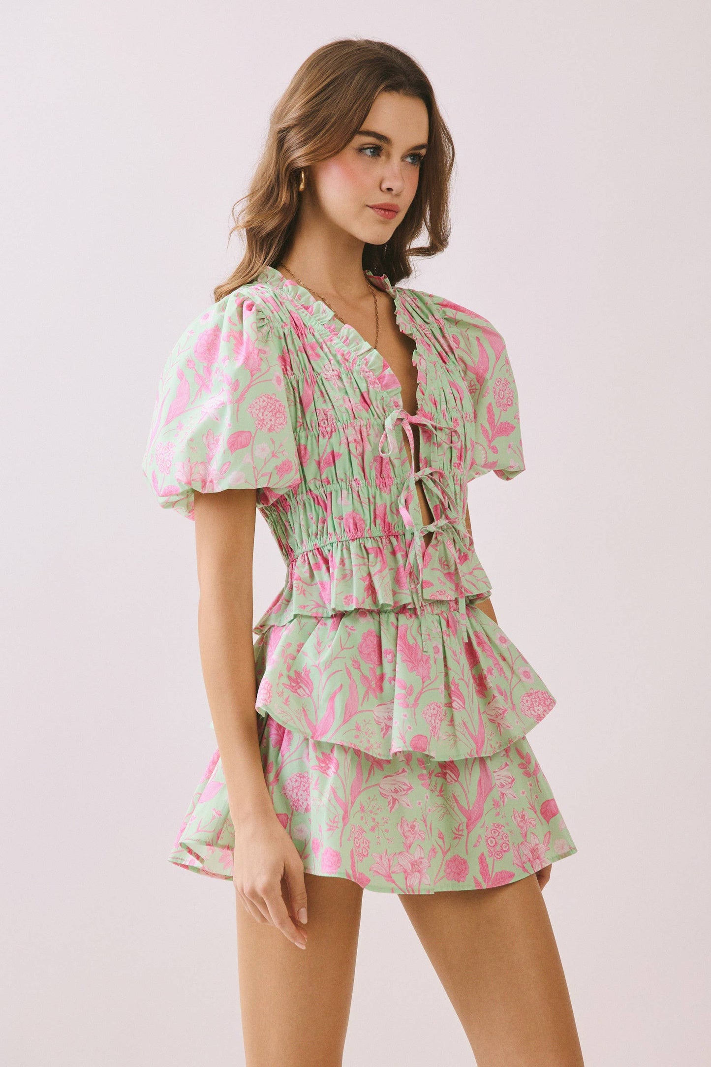 Floral Print Smocked Bodice Lace Up set