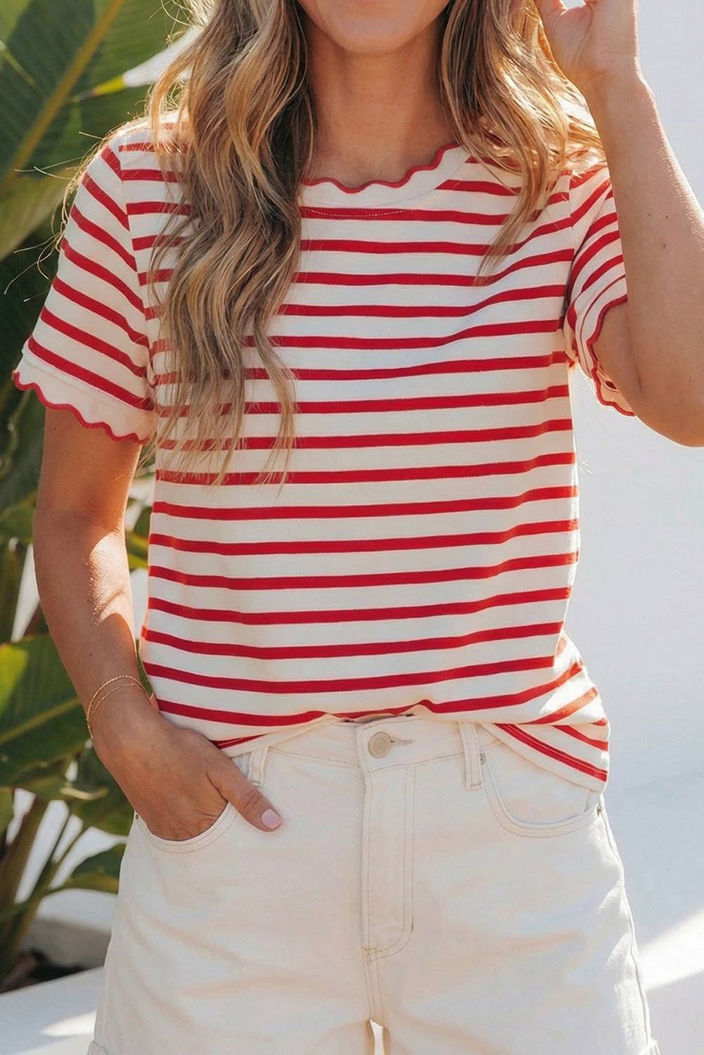 LAS Stripe Scalloped Trim Round Neck T Shirt (S-4X)