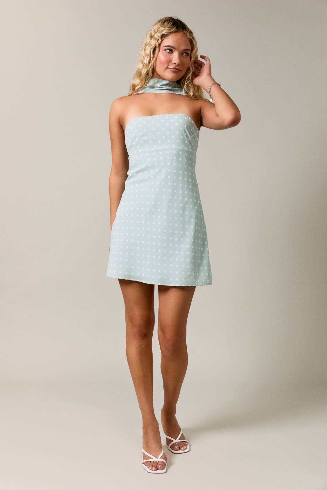 *Polka Dot Mini Dress With Attached Scarf