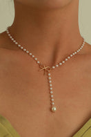 Switch Plated Bow Decor Pearl Chaining Necklace: Gold 2 image