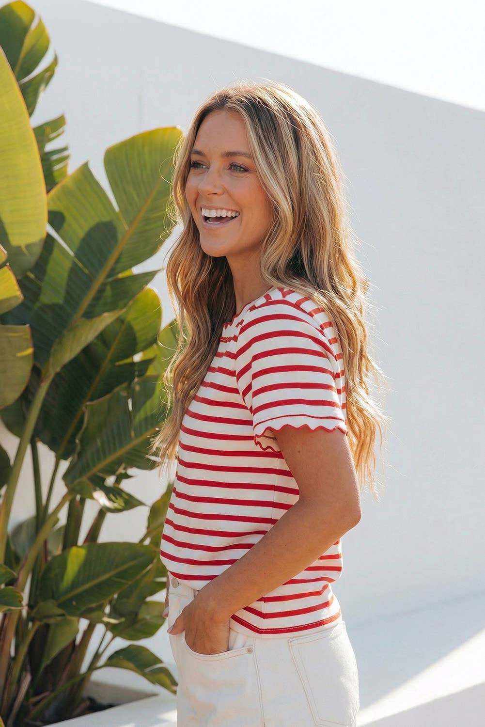 LAS Stripe Scalloped Trim Round Neck T Shirt