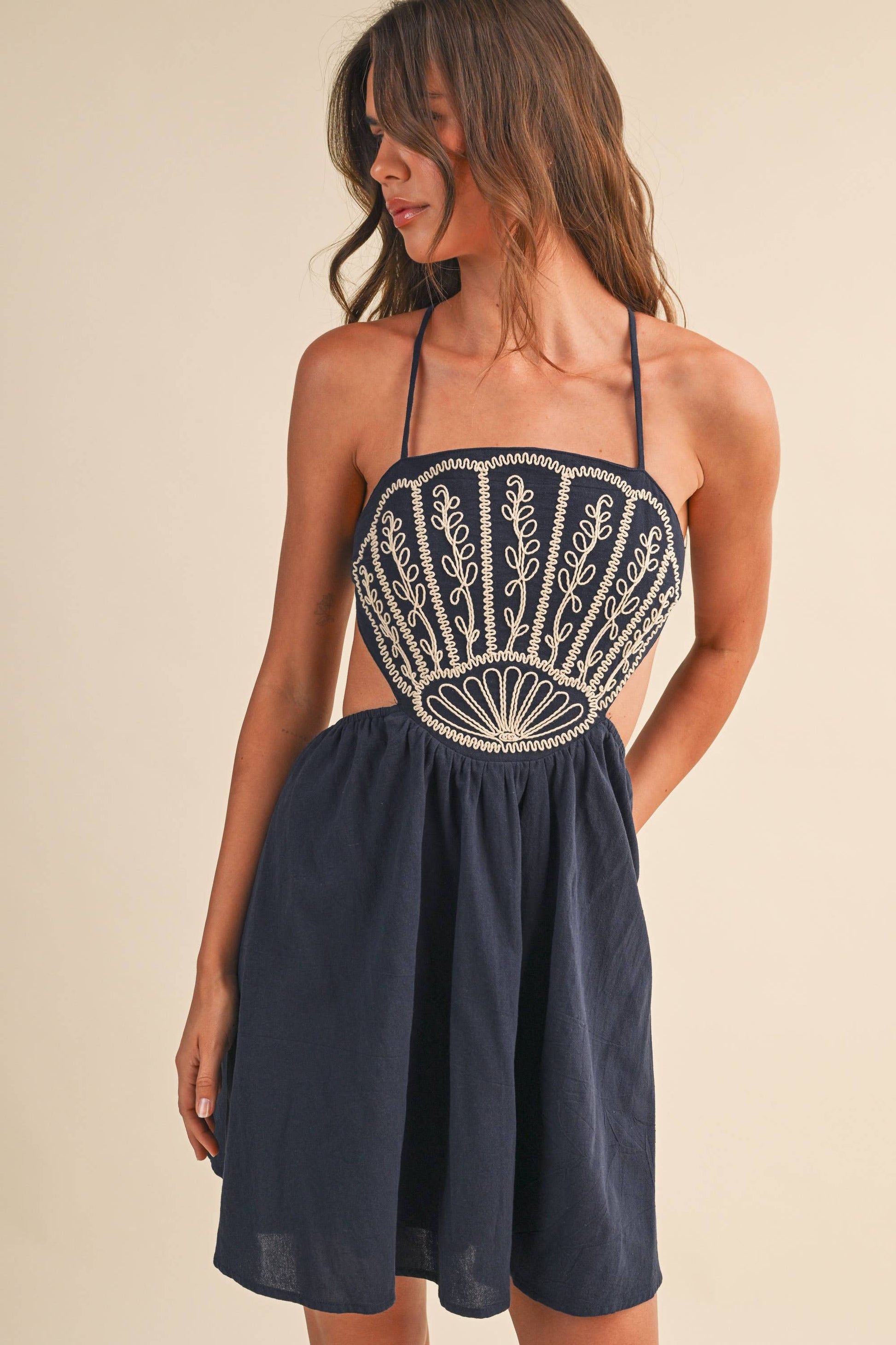 SCALLOP APLIQUE CRISS CROSS BACK FLARE MINI DRESS