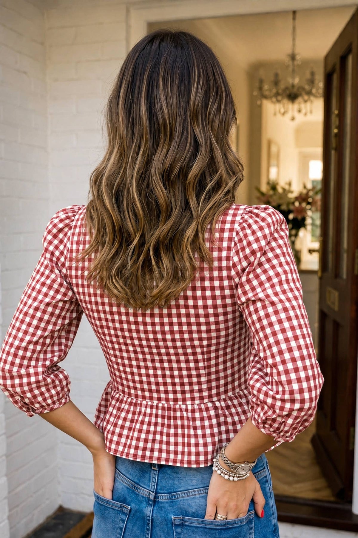 LAS Plaid Smocked Bubble Sleeve Casual Blouse