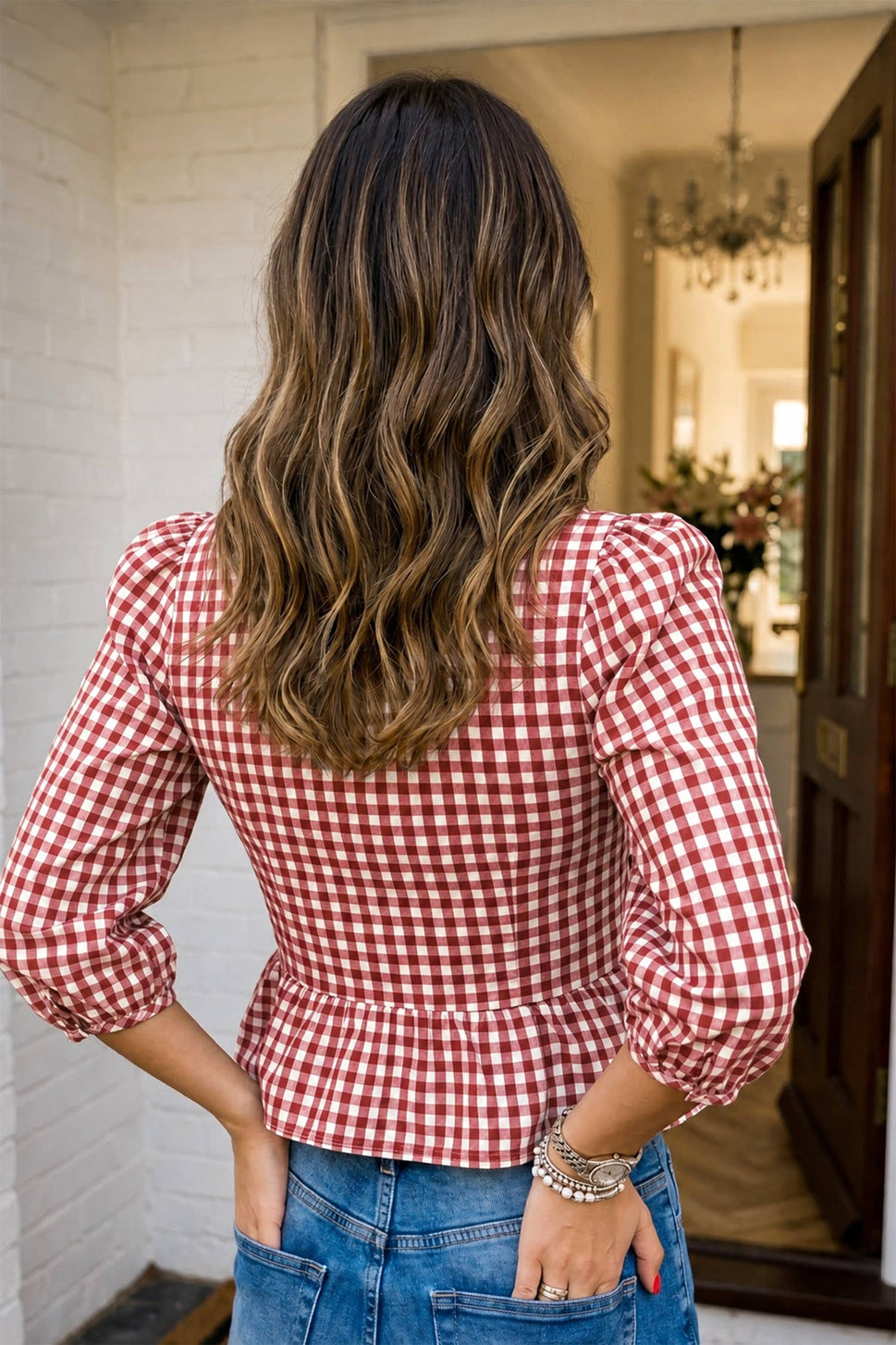 LAS Plaid Smocked Bubble Sleeve Casual Blouse