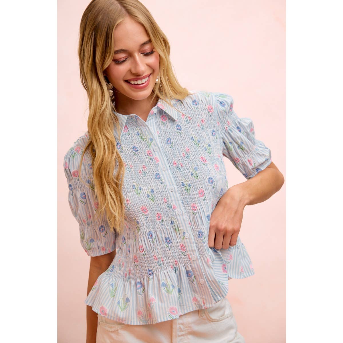 STRIPES AND FLORAL SHORT SLEEVE SHIRRED BLOUSE TOP