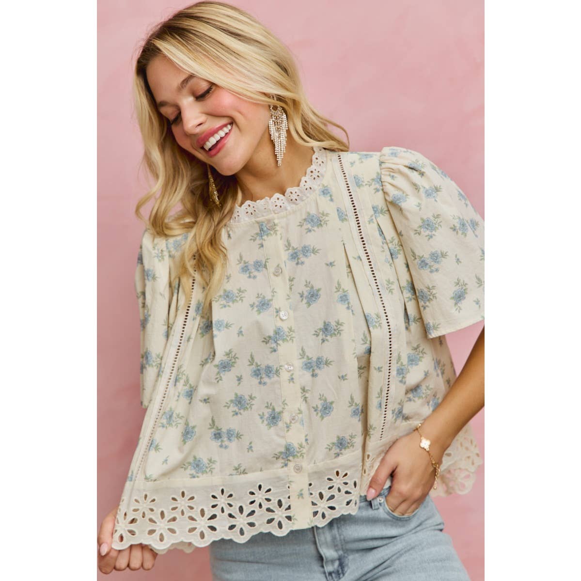 FLORAL PRINT LACE TRIM FLUTTER SLEEVES BLOUSE TOP