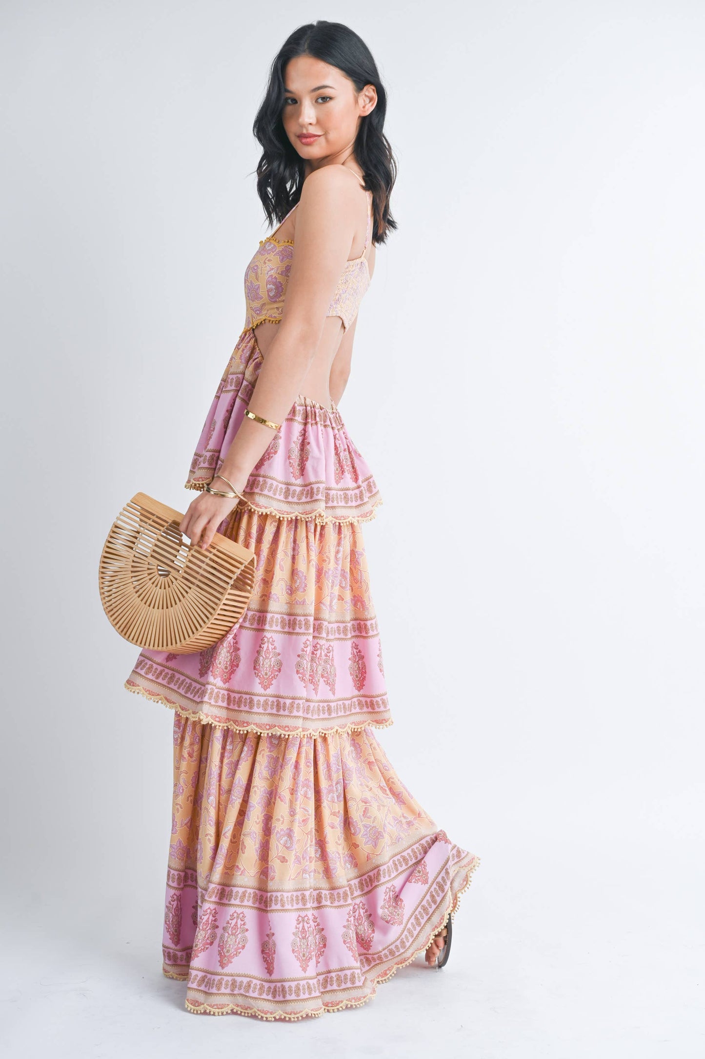 THREE TIER PRINTED MAXI DRESS WITH POM POM TRIM