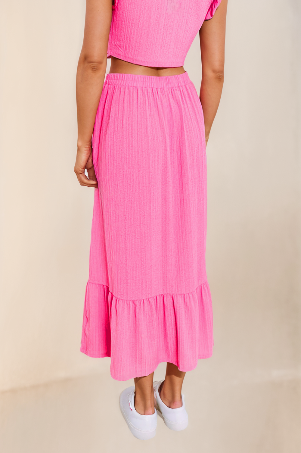 Textured Ruffle Trim Crop Vest Lace-up Long Skirt Set