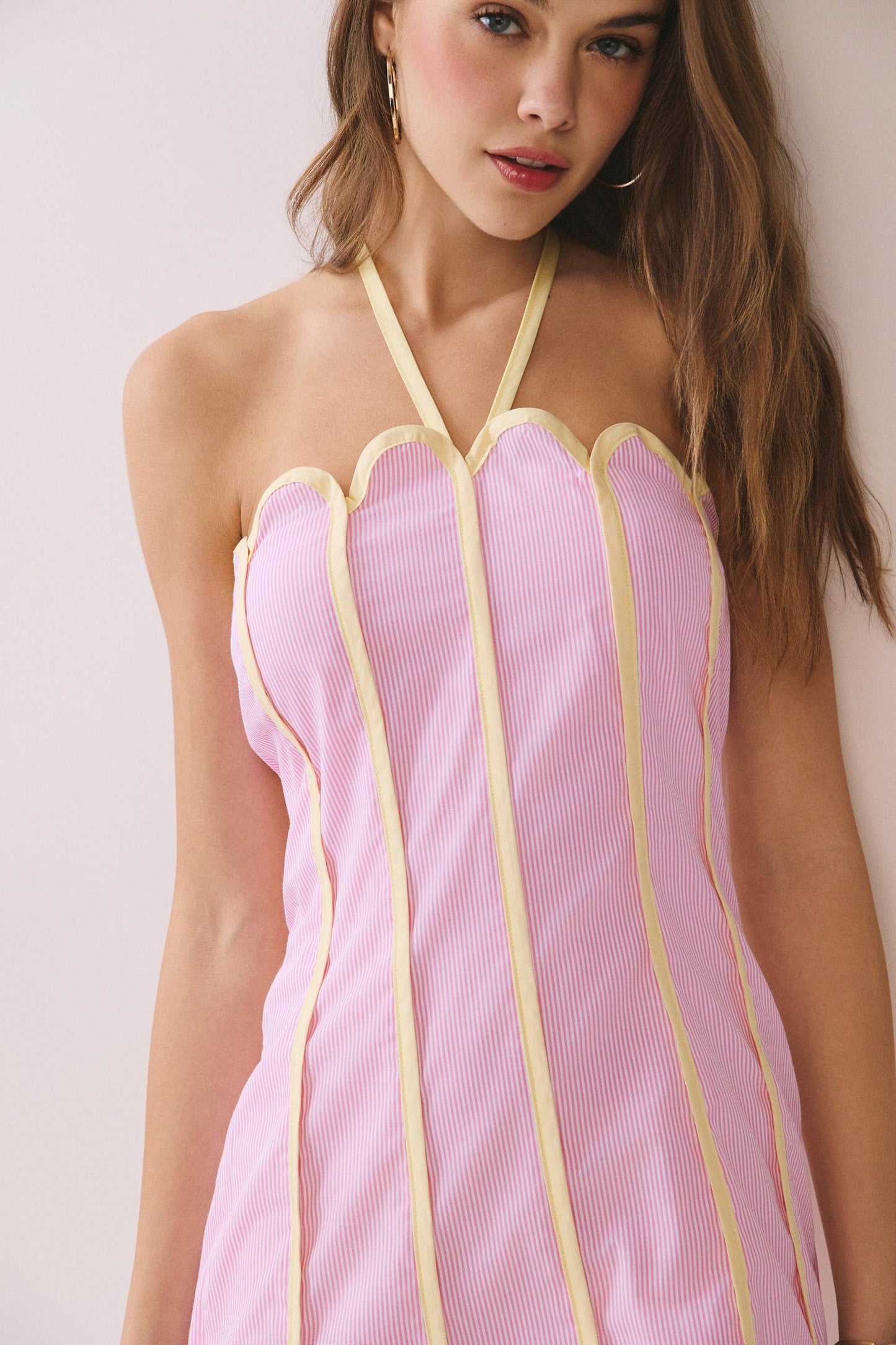 CD06765-Contrast Piping Detail Halter Neck Mini Dress