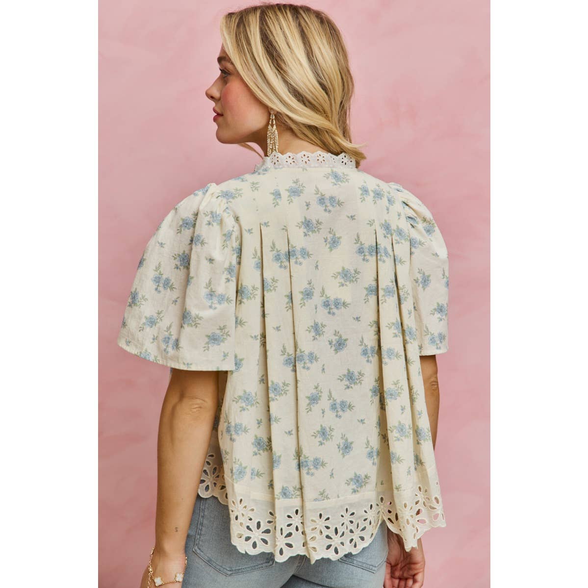FLORAL PRINT LACE TRIM FLUTTER SLEEVES BLOUSE TOP