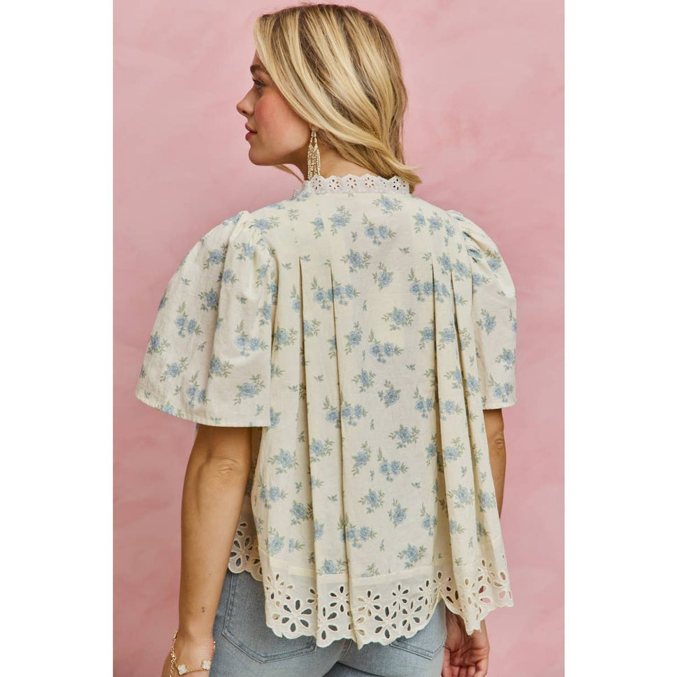 FLORAL PRINT LACE TRIM FLUTTER SLEEVES BLOUSE TOP
