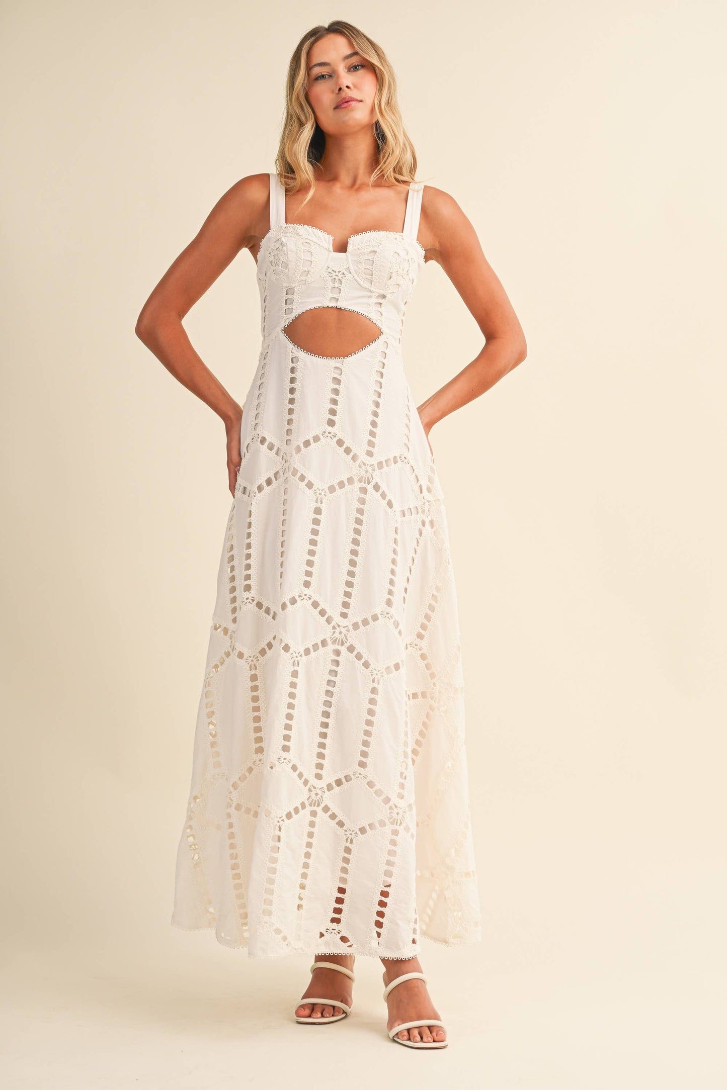 ID10399 EMBROIDERED CUTWORK BUSTIER FLARE LONG DRESS