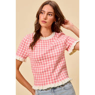 *Gingham Knit Ruffled Short Sleeves Sweater Top