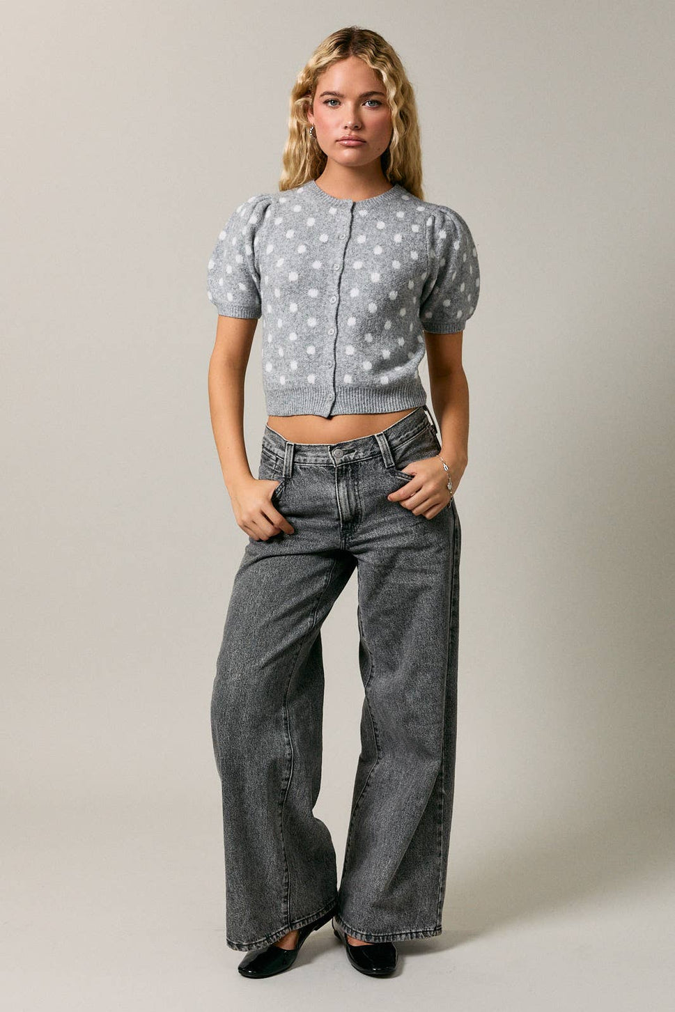 PUFF SHORT SLEEVE POLKA DOT CARDIGAN