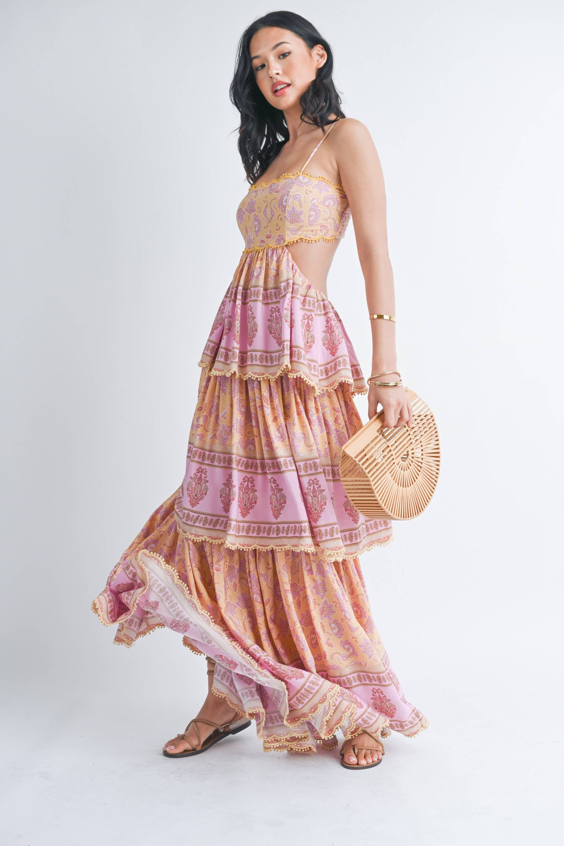 THREE TIER PRINTED MAXI DRESS WITH POM POM TRIM