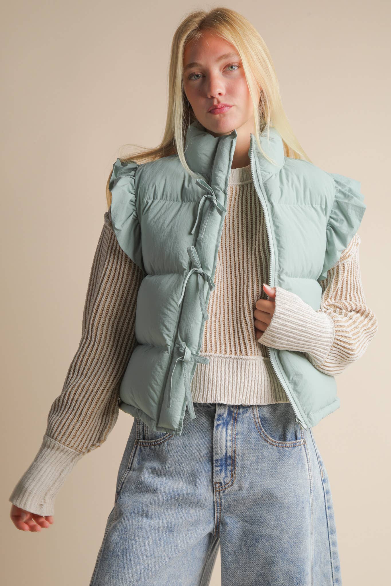 FRONT ROW RUFFLE SLEEVE PUFFER VEST